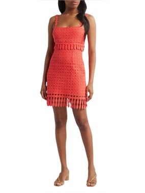 Saylor Coral Crochet Fringe Mini Dress Size S NET